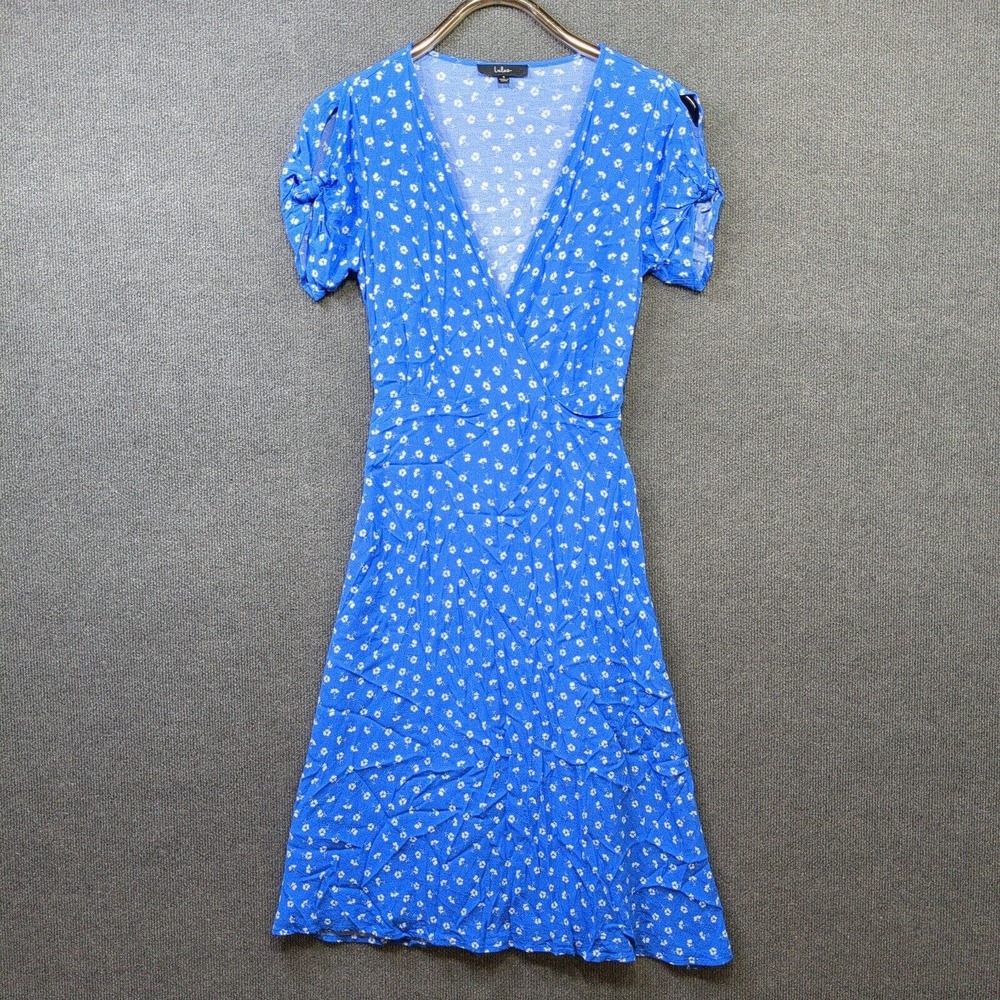 Lulus Wrap Dress Womens Small Blue White Floral Slit Sleeve Knee Length